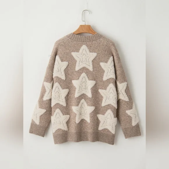 Khaki Sherpa Star Pattern Textured Sweater Cardigan with Pockets - Picture 7 of 16